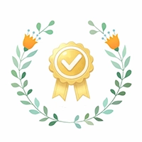 Watercolor illustration of golden award badge with checkmark surrounded by green leaves and orange flowers, representing premium quality guarantee for fresh mimosa bouquets
