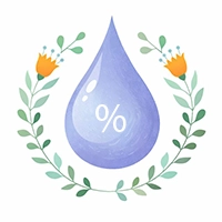 Watercolor illustration of blue water drop with percentage symbol surrounded by green leaves and orange flowers, representing mimosa bouquet humidity care