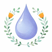 Watercolor illustration of blue water drop surrounded by green leaves and orange flowers, representing lukewarm water watering care for mimosa bouquets